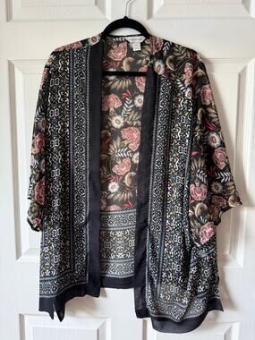 Christopher & Banks Sheer Floral Kimono Cardigan Black Boho Duster S/M